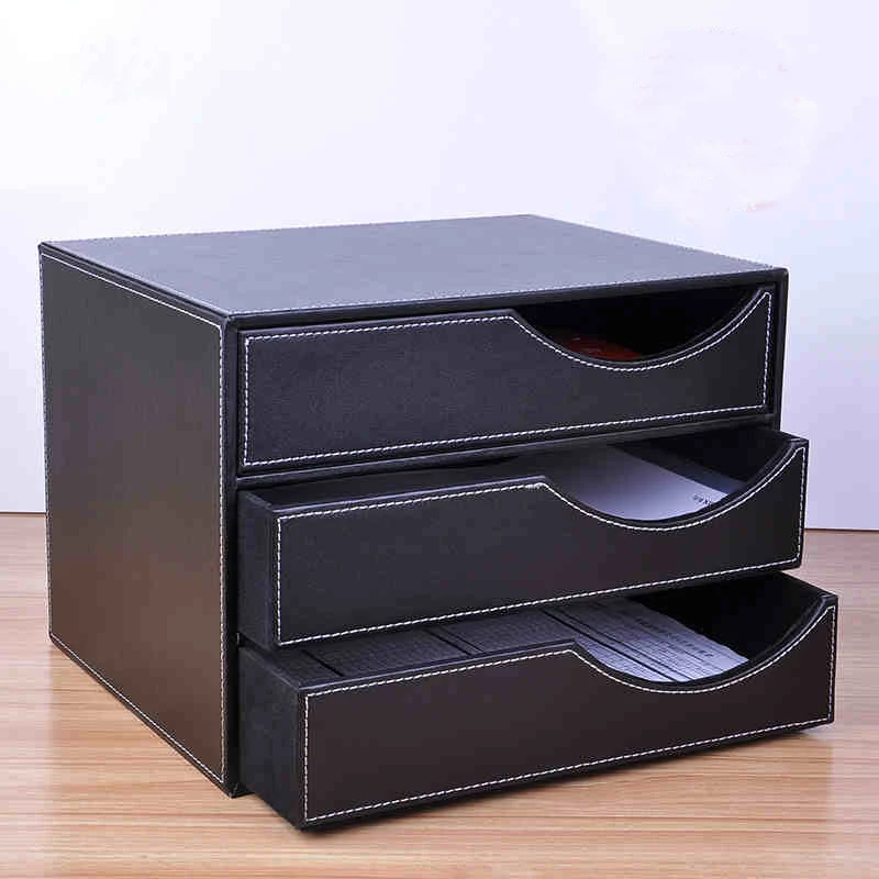 wood leather 3-drawer A4 desktop file cabinet office table document magazine holder organizer file tray filing stand drawer 623A