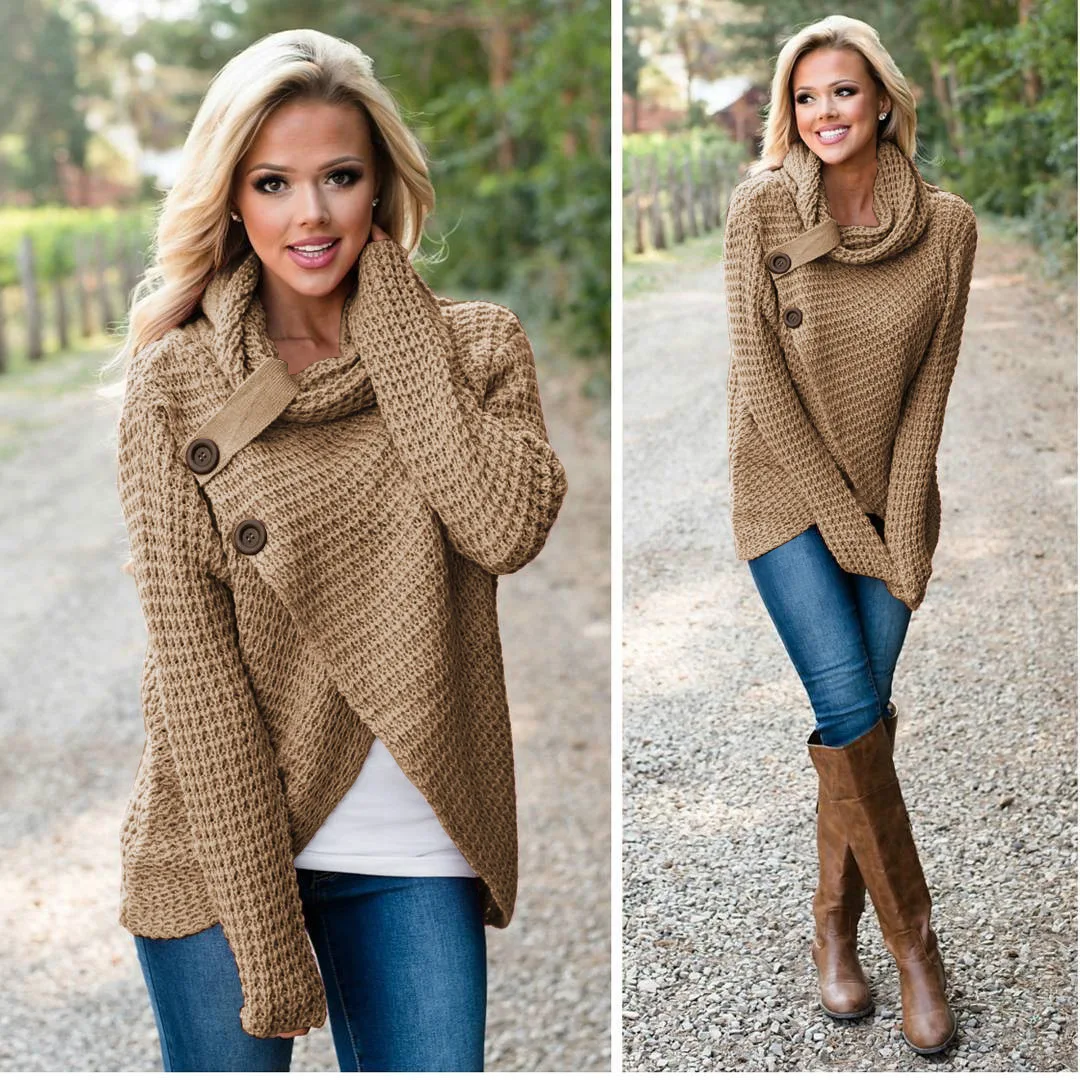 

2021 winter and2021 fashion button knit woman sweater classical turtleneck pullover solid casual female sweater hot sales