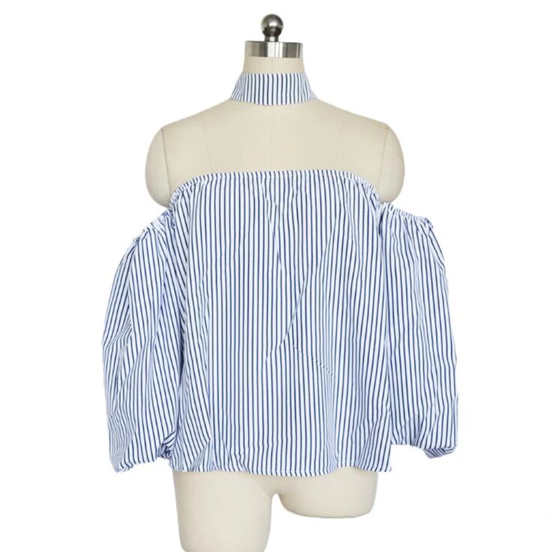 Женская блузка Футболка GRUIICEEN белая в полоску с рукавом-фонариком и вырезом