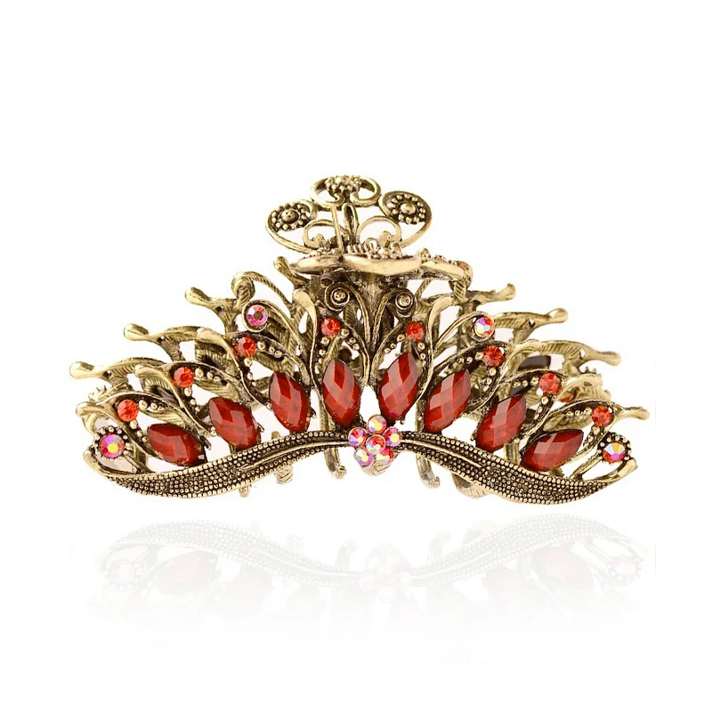 Morkopela Big Metal Hair Claw Crab Vintage Rhinestone Hair Clip Accessories Retro Flower Hair Claws For Women Banquest Jewelry