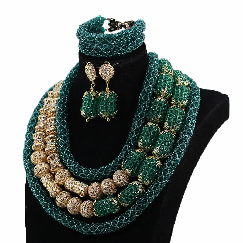 Luxury New Trendy 4 Layers Crystal Beads Fashion Teal and Gold Big African Costume Jewelry Set Women Bride ABH789