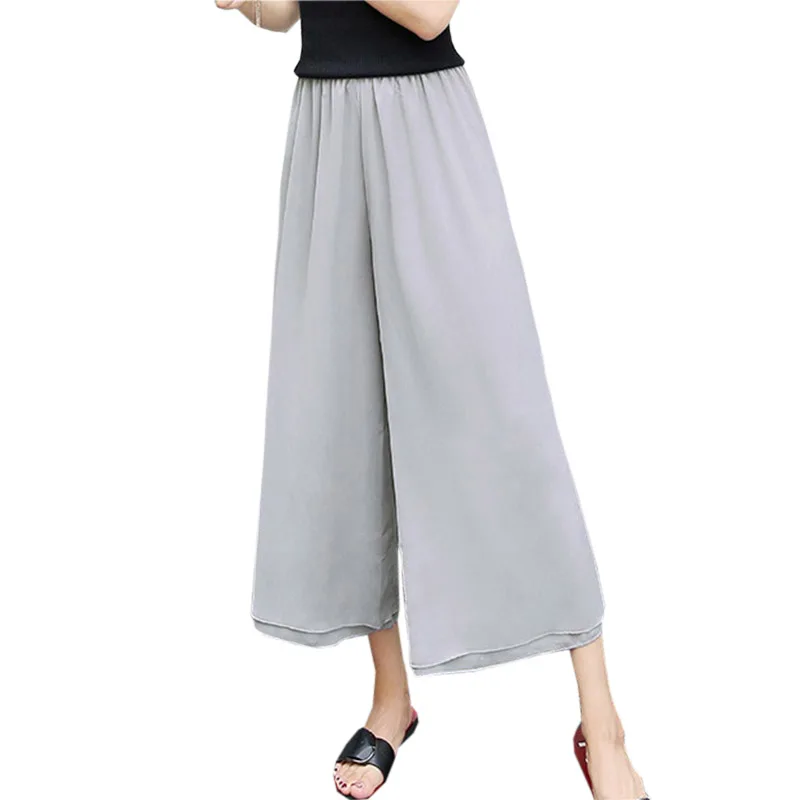 

Women Chiffon Pants Capris Solid Color Loose Wide Leg Pants Elastic High Waist Chiffon Trousers 2018 Summer Beach Pant FP0933