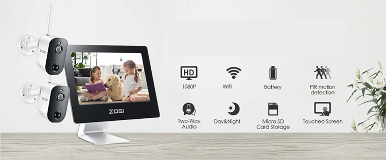 ZOSI 1080p Беспроводная система наблюдения на батарейках NVR комплект наружных ip-камер безопасности, " все-в-одном сенсорный ЖК-монитор