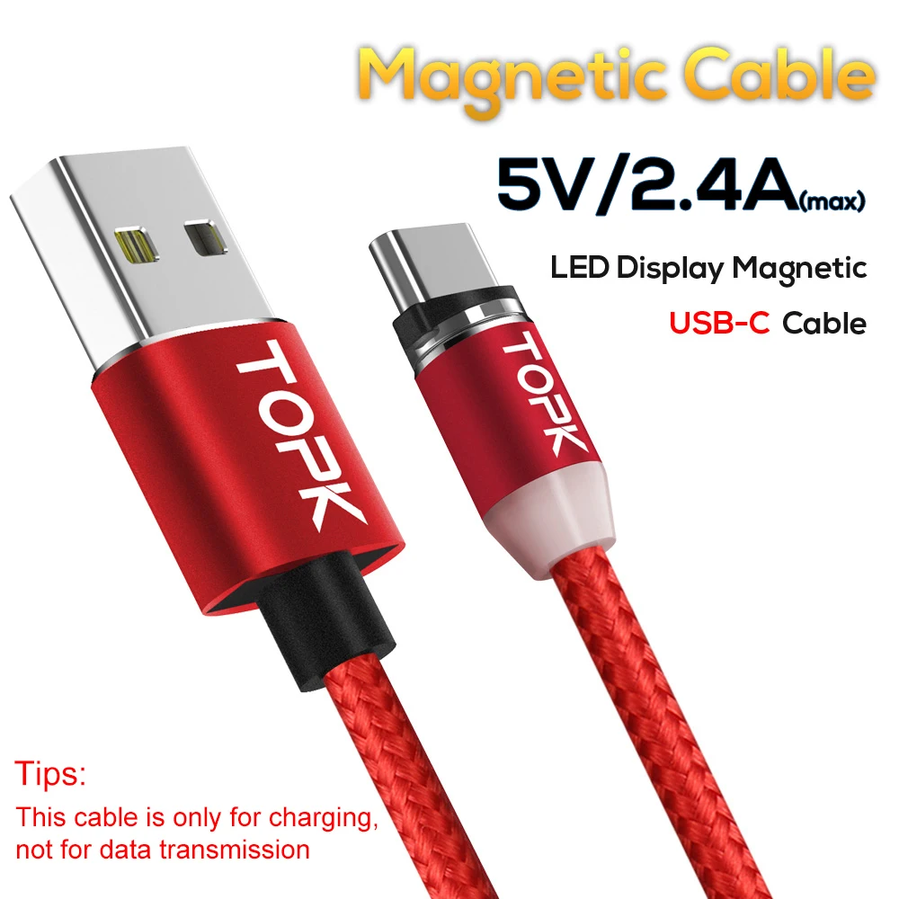 TOPK R-Line2 светодиодный магнитный кабель usb type C, обновленный нейлоновый Плетеный Магнитный кабель type-C для зарядного устройства samsung S8 Xiaomi Mi6 USB-C