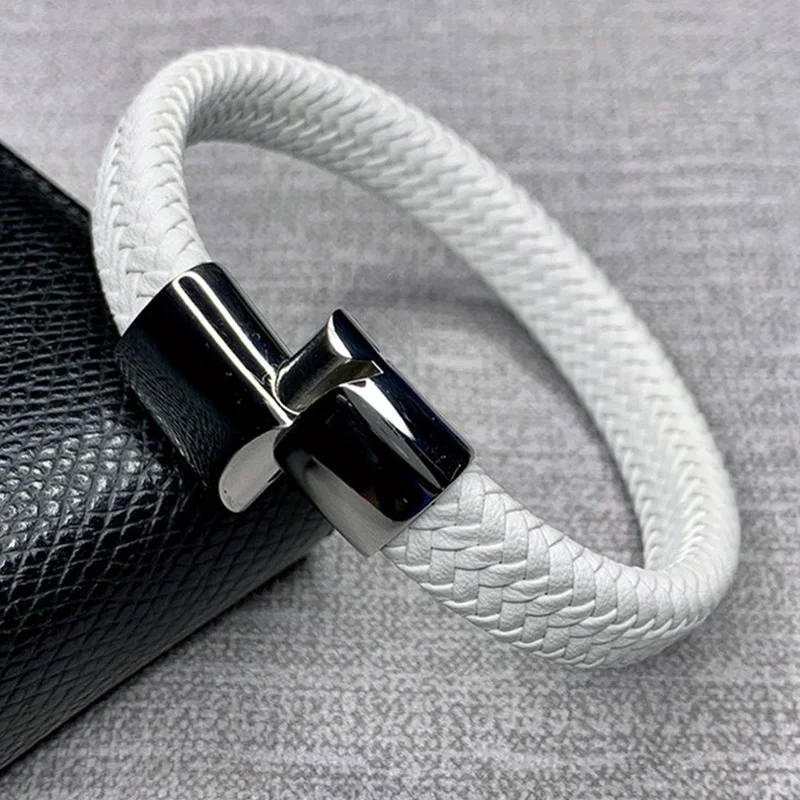White Men Leather Bracelets Male Braided Wrist Band Fashion Stainless Steel Magnetic Clasp Charm Bangles Jewelry | Украшения и