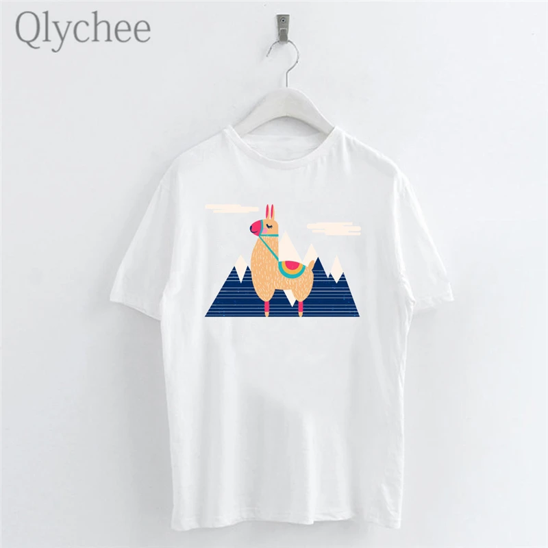 Женские футболки с принтом Qlychee Harajuku Mountain Alpaca круглым вырезом и коротким рукавом