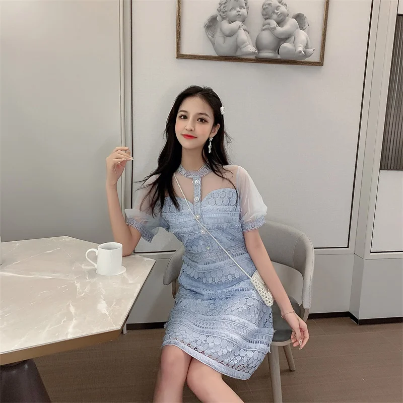 

2019 New Summer Women one-piece dress korean Patchwork Mesh Lace High Waist Slim Gentle Fairy Dresses White Blue 9953