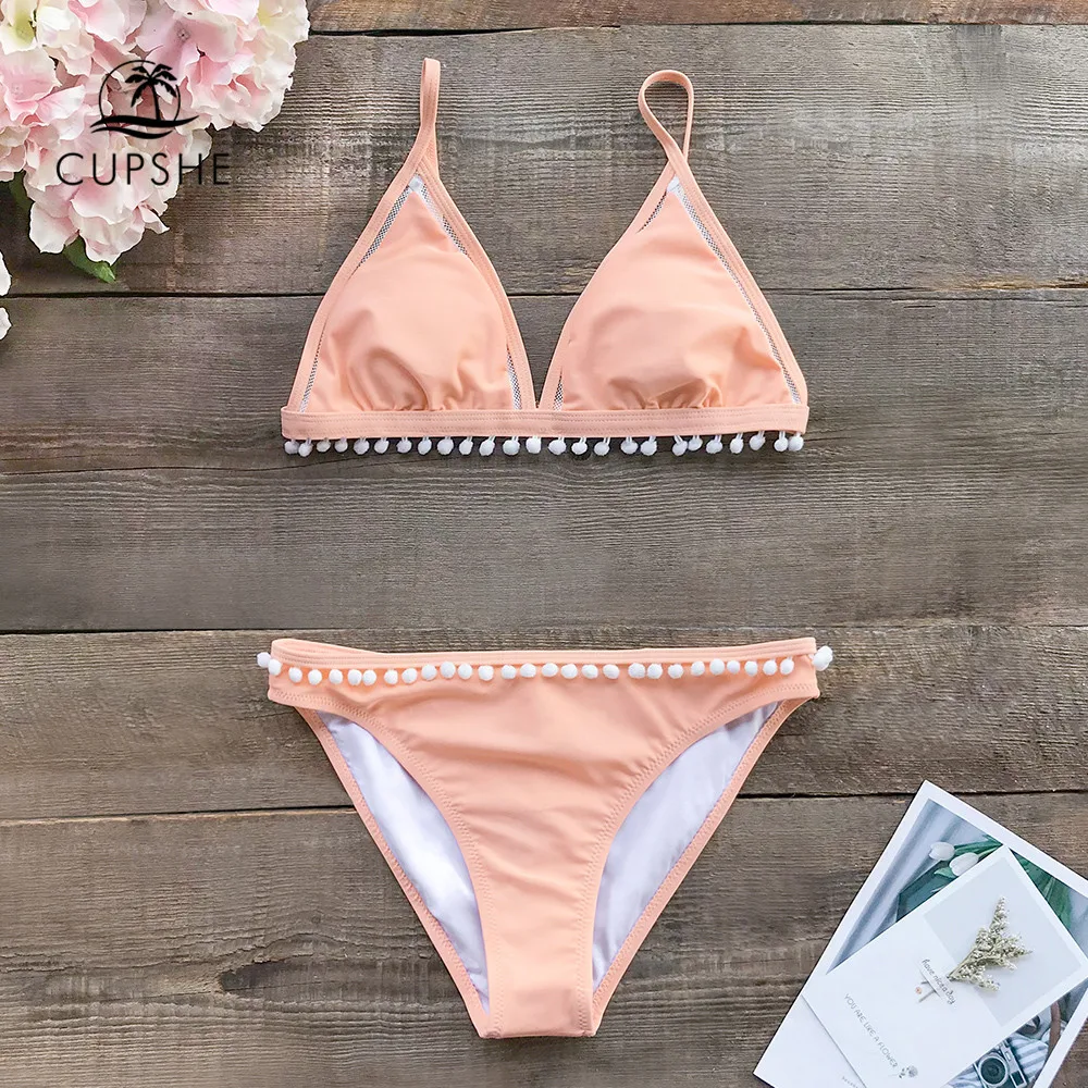 CUPSHE Peachy розовый треугольник бикини с помпонами милые дамы купальник из двух