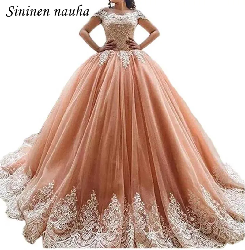 Платье Quinceanera 2019 с открытыми плечами и короткими рукавами Коралловое бальное