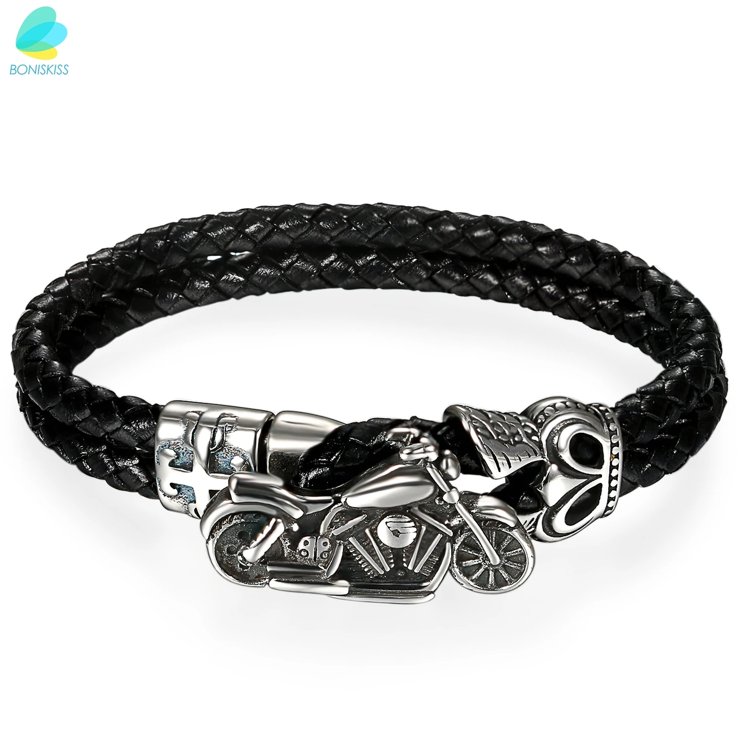 

BONISKISS 7" Men's 316L Motorcycle Biker Black Leather Strap Bracelet