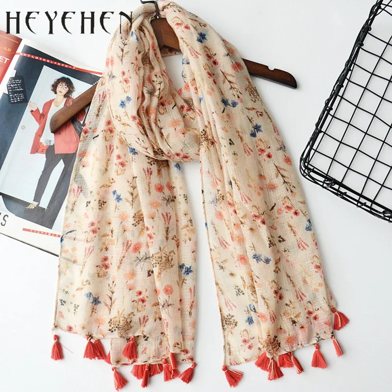 

New Design Autumn Warm Flower Polyester Cotton Bandana Women Flower Scarf Foulard Long Scarf Tassel Shawl&Wrap 90*190cm HY76