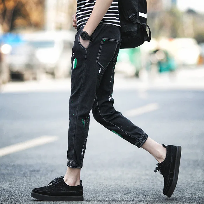 

Fashion 17 spring Summer boys Hip Hop Black Harem Ankle Length Pants Men Cowboy feet Splash-ink Casual trousers Denim Jeans Men