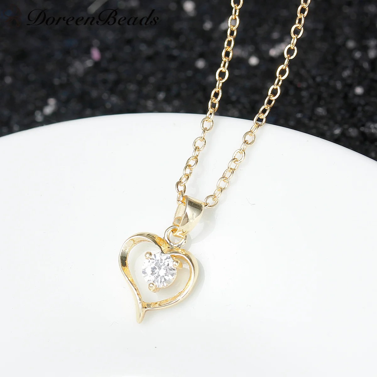 DoreenBeads Медь &amp Циркон Ожерелье Звено Цепи Кабеля Свет Золотое Сердце Полые Кулон