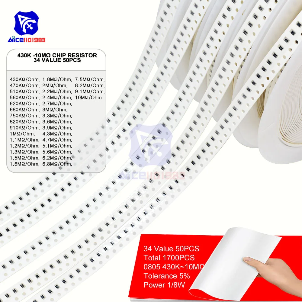 1700 шт./лот 34 значения 50 шт. 0805 Чип SMD резистор 0R 10 МОм/Ом 5% 1/8 Вт 0 125 Сопротивление