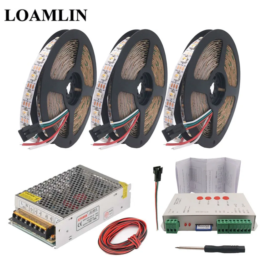 15m SK6812 RGBW светодиодные ленты T-1000S SD карты пиксели RGB Led контроллер DC5V Led Трансформатор комплект 5 м 10 м 15 м 20 м - Испускаемый цвет: 15m