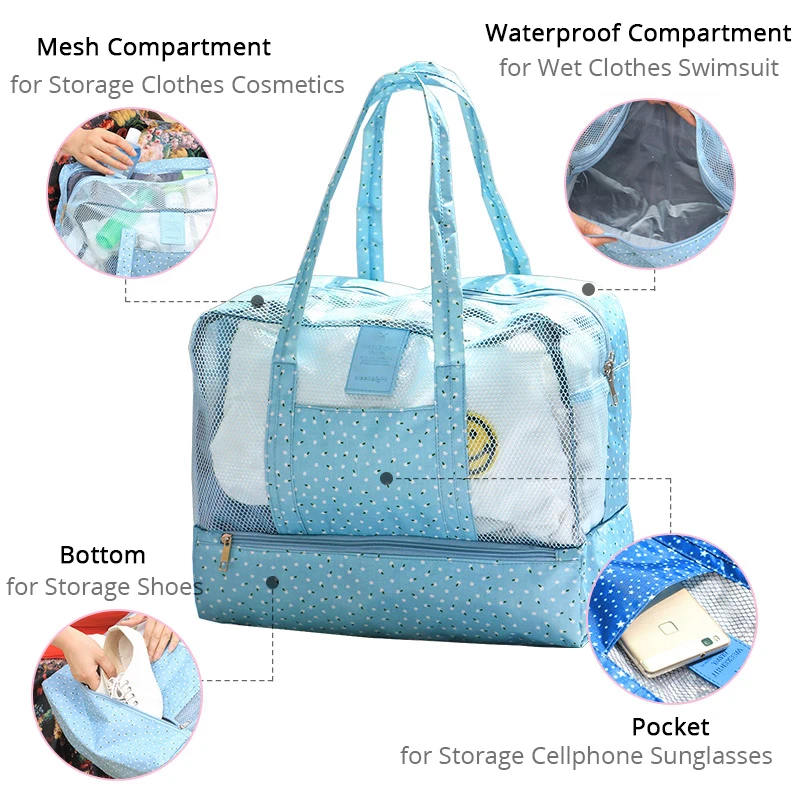 Большая вместительная пляжная сумка-тоут с функцией сухой и влажной разделения