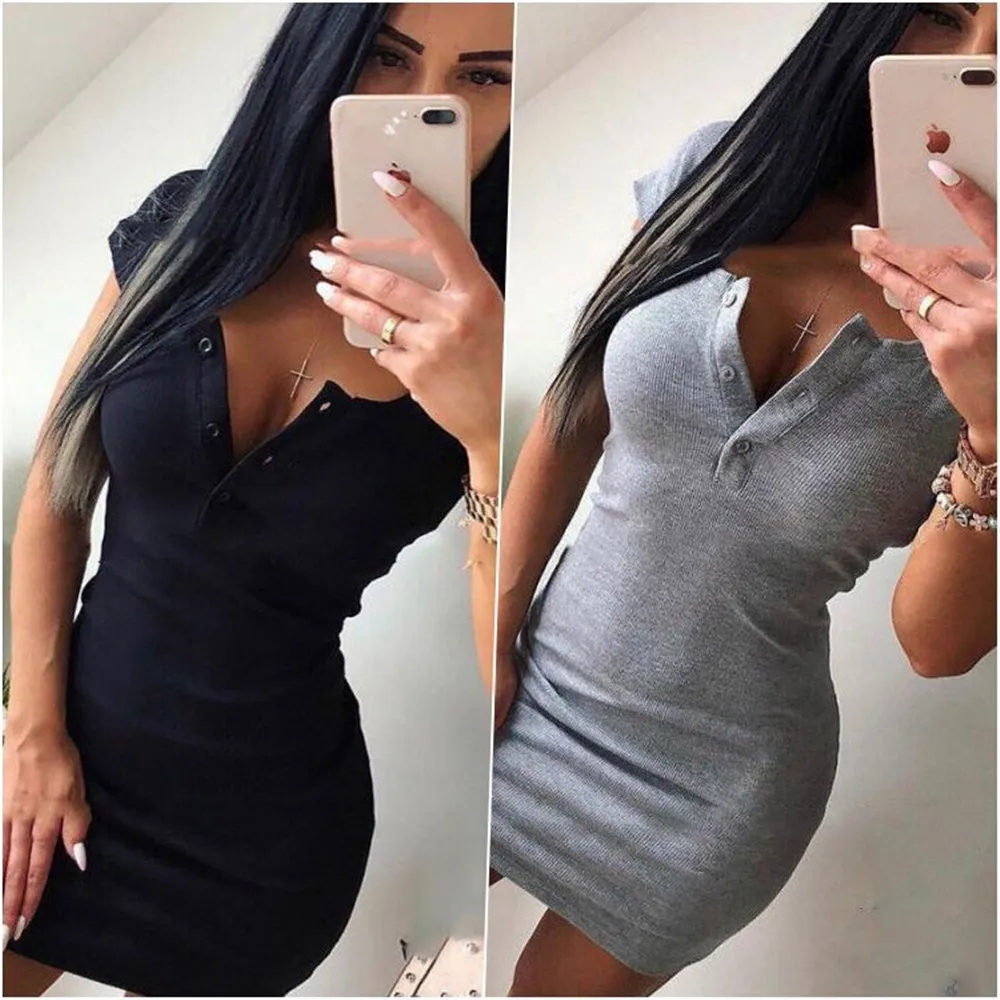 Summer Dress 2019 Fall Women Sexy Casual Knit Sheath Mini Dresses Ladies Solid V Neck Chest Button Short Sleeve Bodycon | Женская одежда