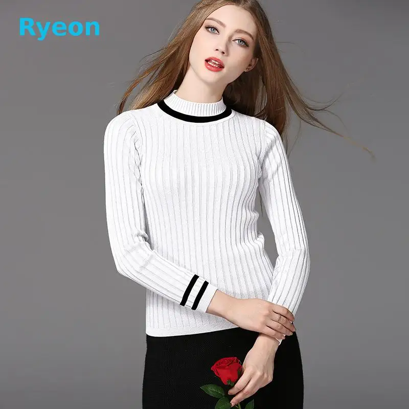 Прямо Полоса Случайный Осень Зима Женщины Свитер 2016 Ryeon Вязание Половина