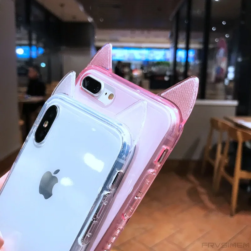 Applicable to iphone xs max transparent phone case Apple XR cat ears 6S side drill 7plus protective cover |