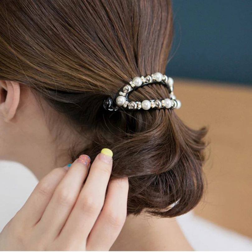 Женская заколка для волос AWAYTR черная или белая с жемчужинами большая стразы