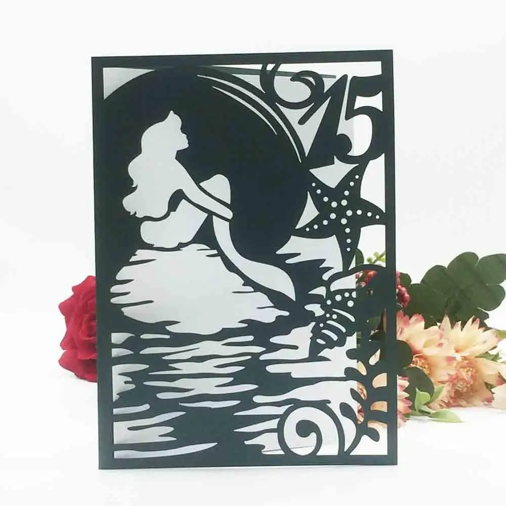 

50pcs Laser Cut Mermaid Pattern Wedding Invitation Card 15th Girl Birthday Invitations Greeting Card Holiday Party Decorations