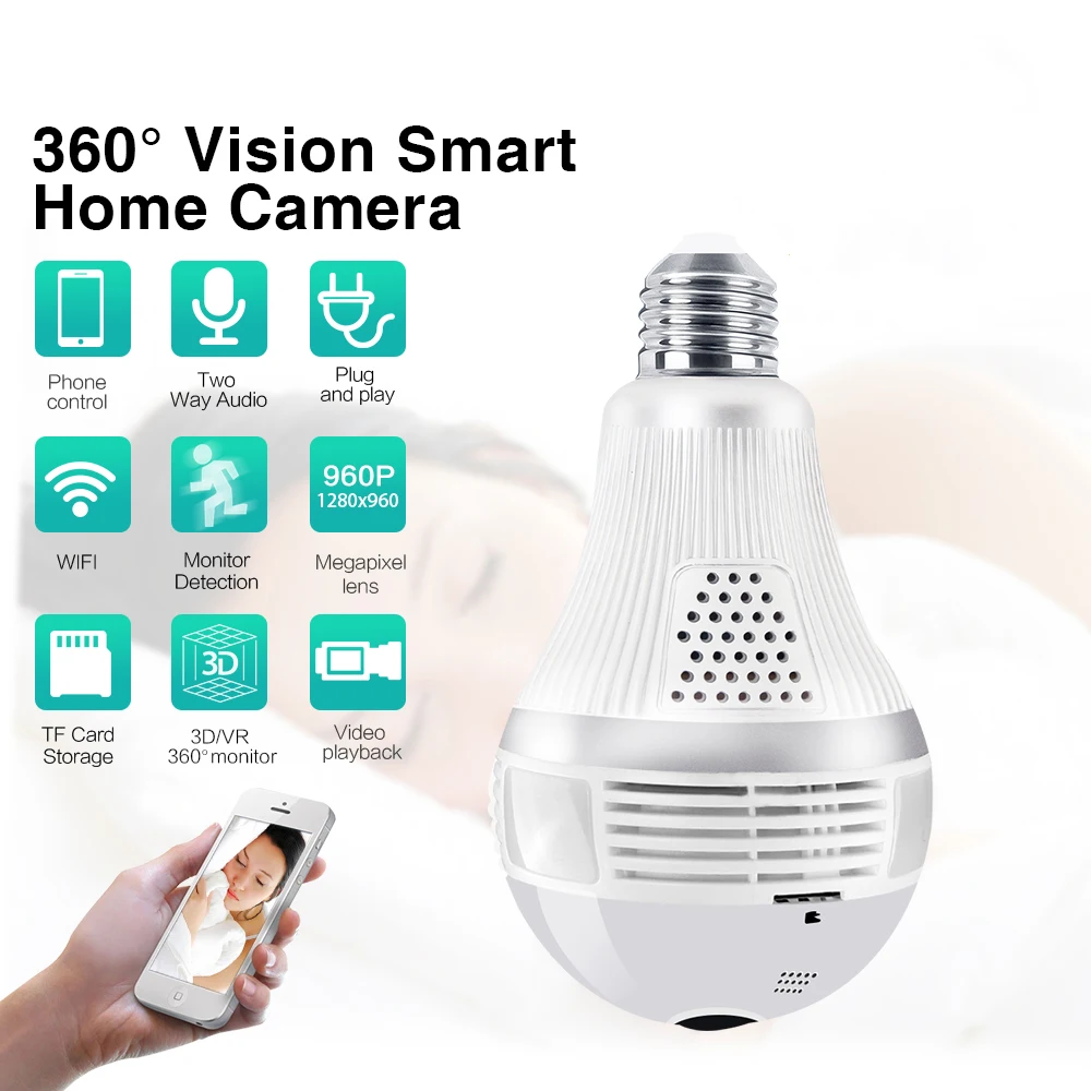 Full HD 960P Wifi лампа камера безопасности панорамная 360 градусов рыбий глаз CCTV