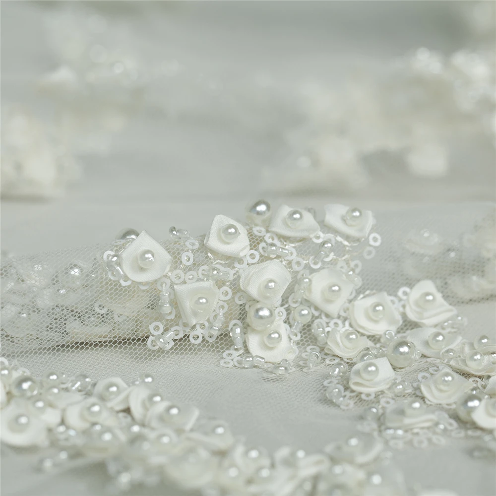 

Couture fashion 3D beaded sequins floral heavy mesh fabric, white color, sewing for dress, skirt, wedding, craft by the yard