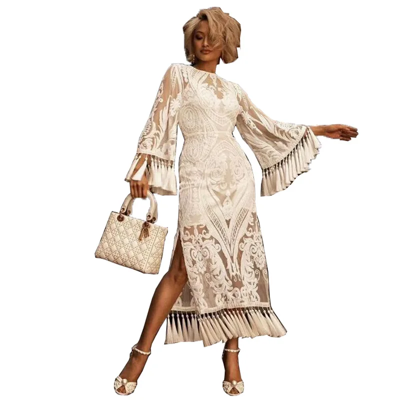 Кружевное летнее богемное пляжное платье с расклешенными рукавами вышивкой