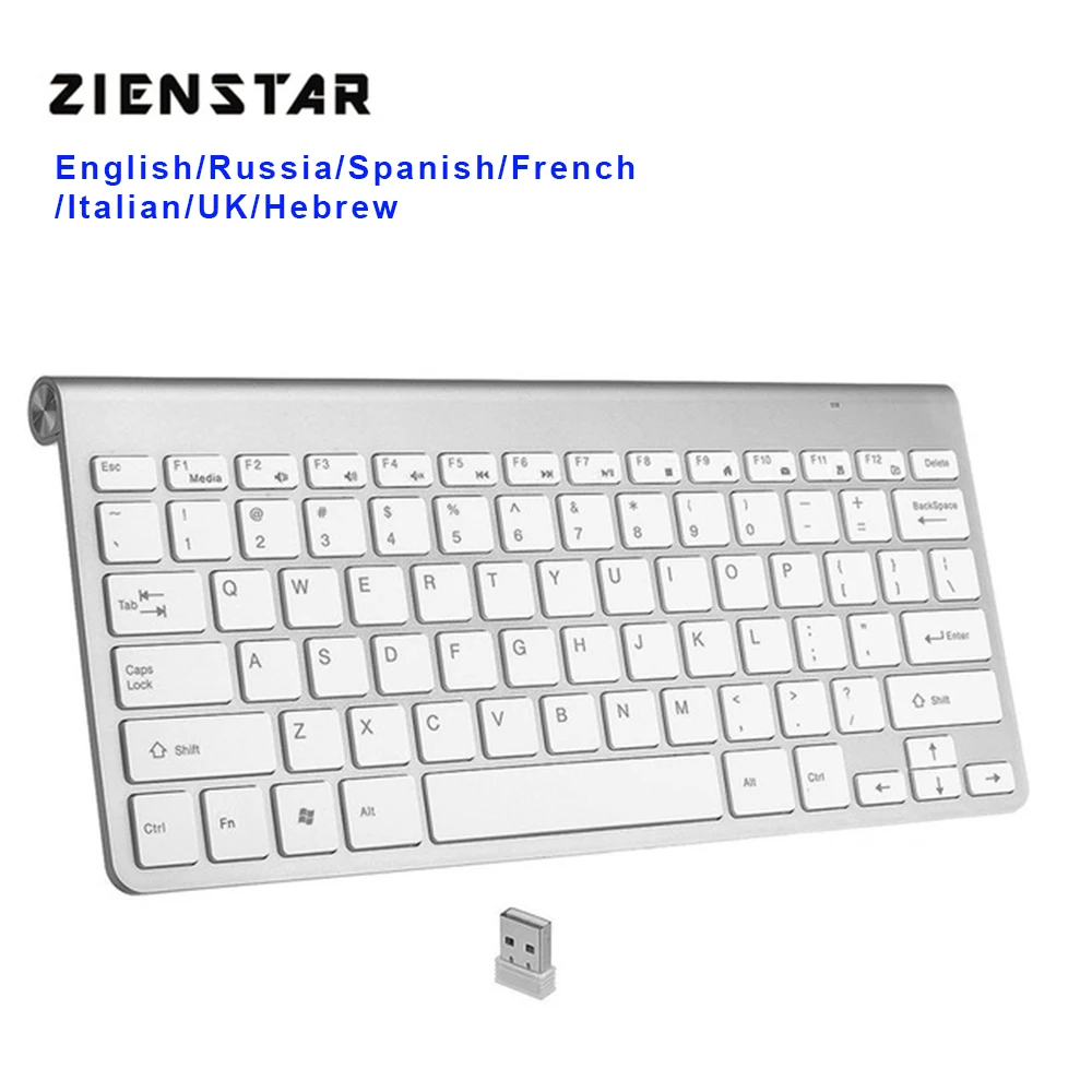 Zienstar ультра тонкая 2,4 ГГц Беспроводная клавиатура для Macbook/PC компьютера/ноутбука/Smart tv с usb-приемником, английский/Fr/Испанский/Ru