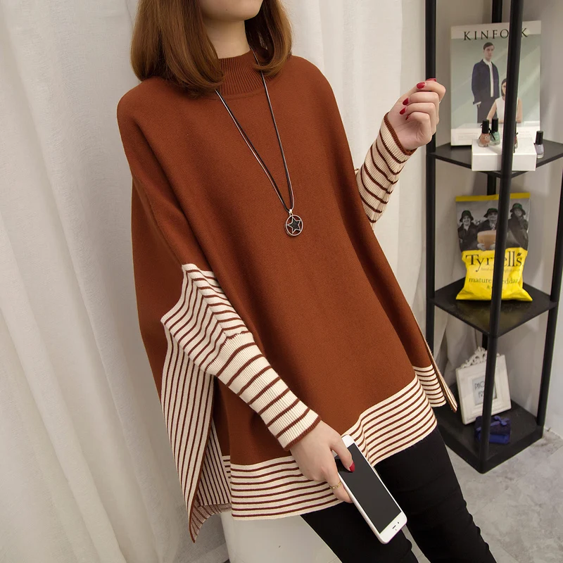Новинка пуловеры с высоким воротником Свободный Полосатый свитер большого