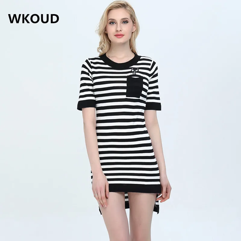 WKOUD женское трикотажное платье в полоску с вышивкой кота рукавом до локтя