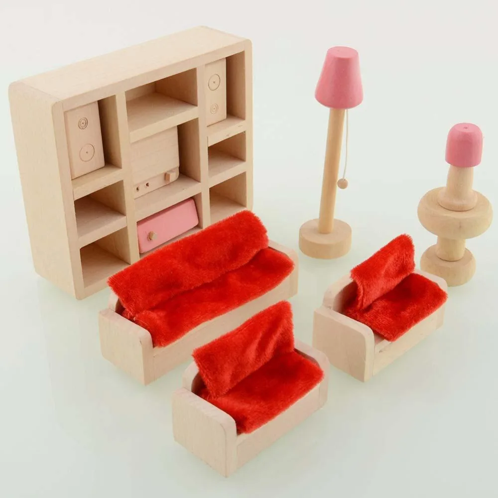 

Cute Wooden Dolls House Furniture Toy kids' Toys With Miniature kitchen bathroom Kitchen bed livingroom restaurant bedroom Hot
