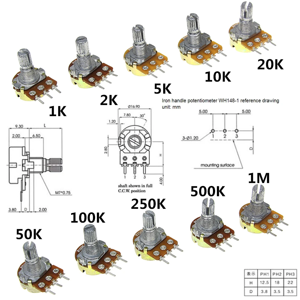 10 шт. линейный потенциометр WH148 B1K B2K B5K B10K B20K B50K B100K B250K B500K B1M 15 мм вал с гайками 3pin
