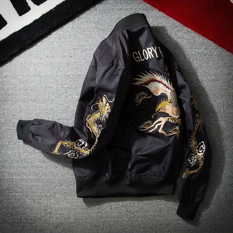 

New Street Thin Fashion Men Bomber MA1 Jacket Retro Embroidery Dragon Phoenix Cartoon Badge Anarchy Coat Black Outwear