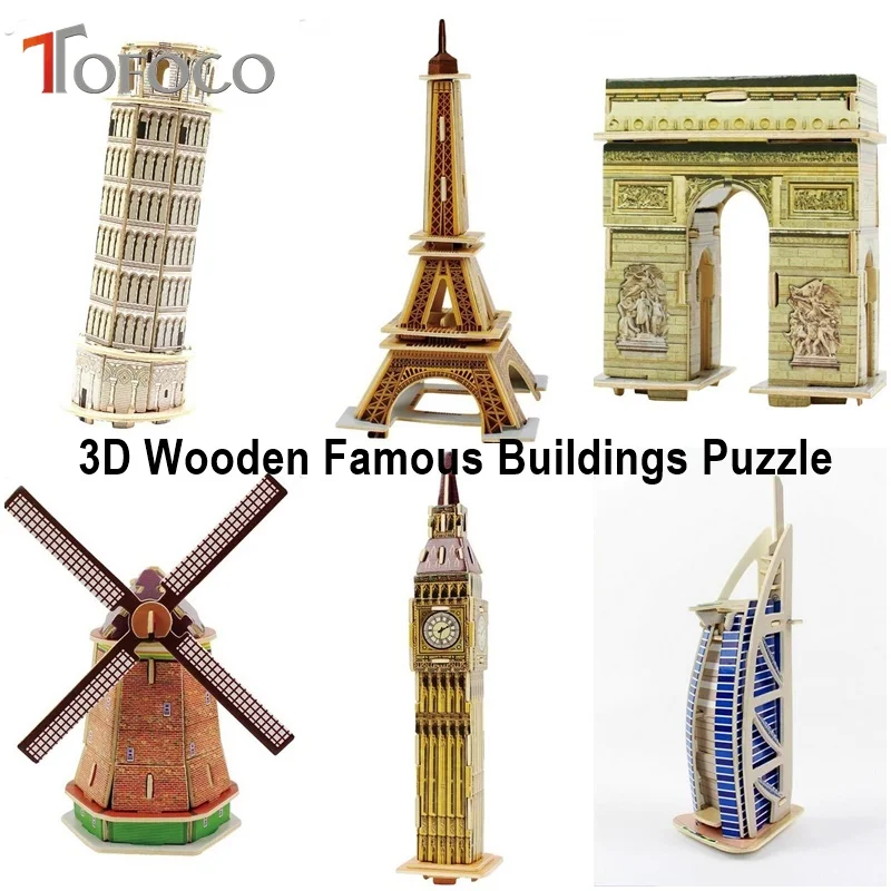 TOFOCO 3D деревянные пазлы знаменитые Пазлы здания Эйфелева башня Burj Al Arab Windmill Arc de