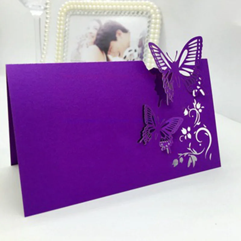 100 шт. фиолетовые Свадебные Открытки для Винных Бокалов Лазерная вырезка бабочки