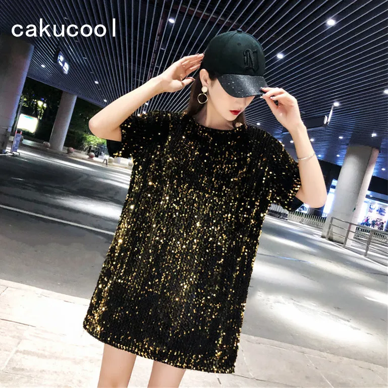 Женское Короткое платье футболка с блестками Cakucool золотистое сексуальное