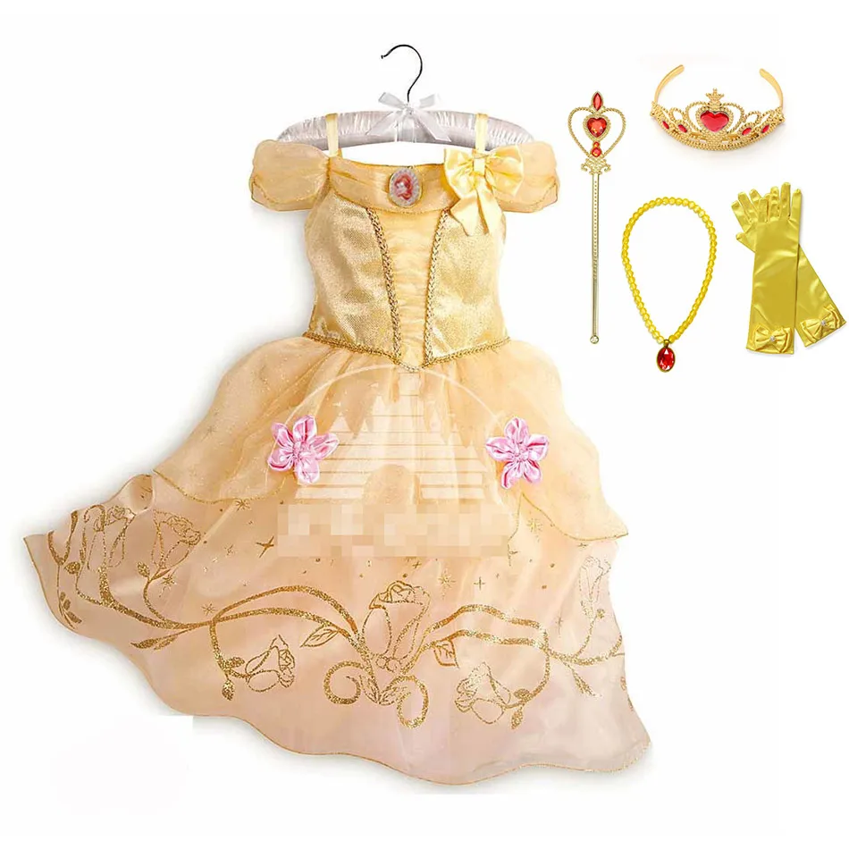 Princess Belle SetA Костюм принцессы Рапунцель, Золушки, Спящей красавицы, Белль, для маленьких девочек, костюм с аксессуарами, Детский костюм Эльзы, Анны, жасмина - Цвет: Princess Belle SetA