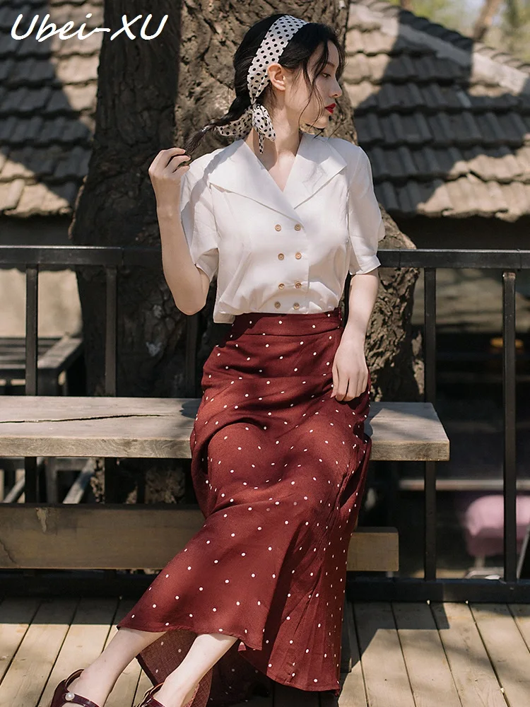 Ubei Лето 2019 новое французское винтажное платье белая рубашка + юбка комплект