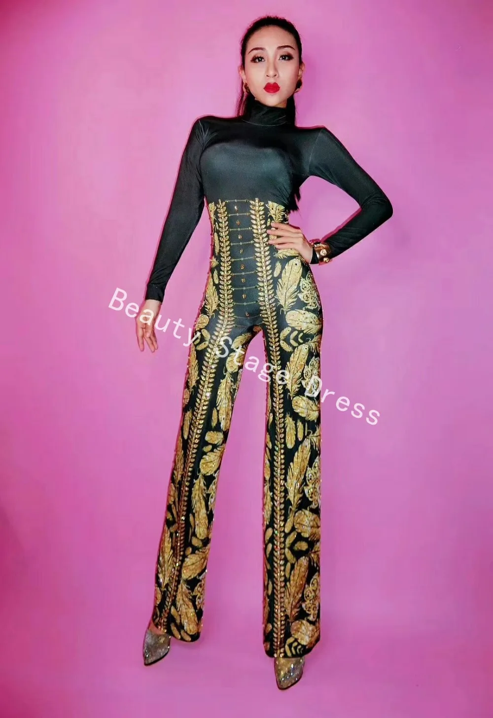 

Fashion Gold Leaves Pattern Jumpsuit Rhinestones One Piece Big Legs Stretch Costume Women's Party Rompers Stage Singer Bodysuit