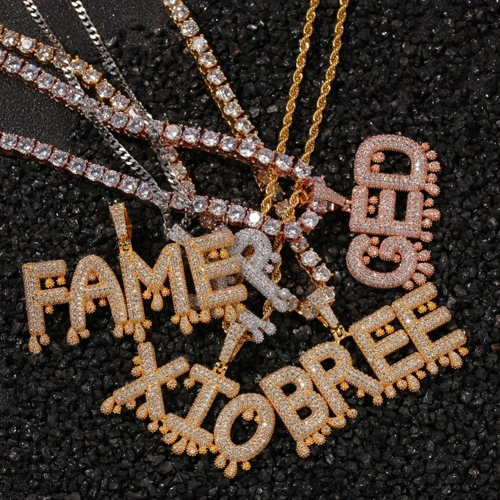 Uwin Custom Words Name Pendants Dripping Bubble Initial Letters With 4mm CZ Tennis Chain Pendant Full Gold Color Iced Jewelry