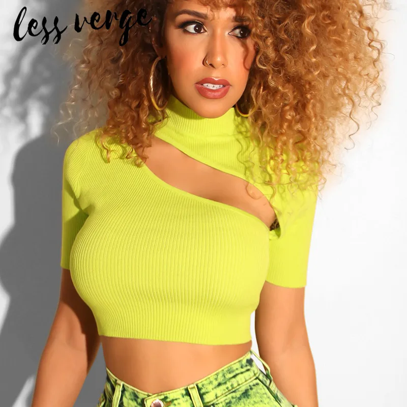Lessverge открытая флуоресцентная Сексуальная футболка для женщин с коротким