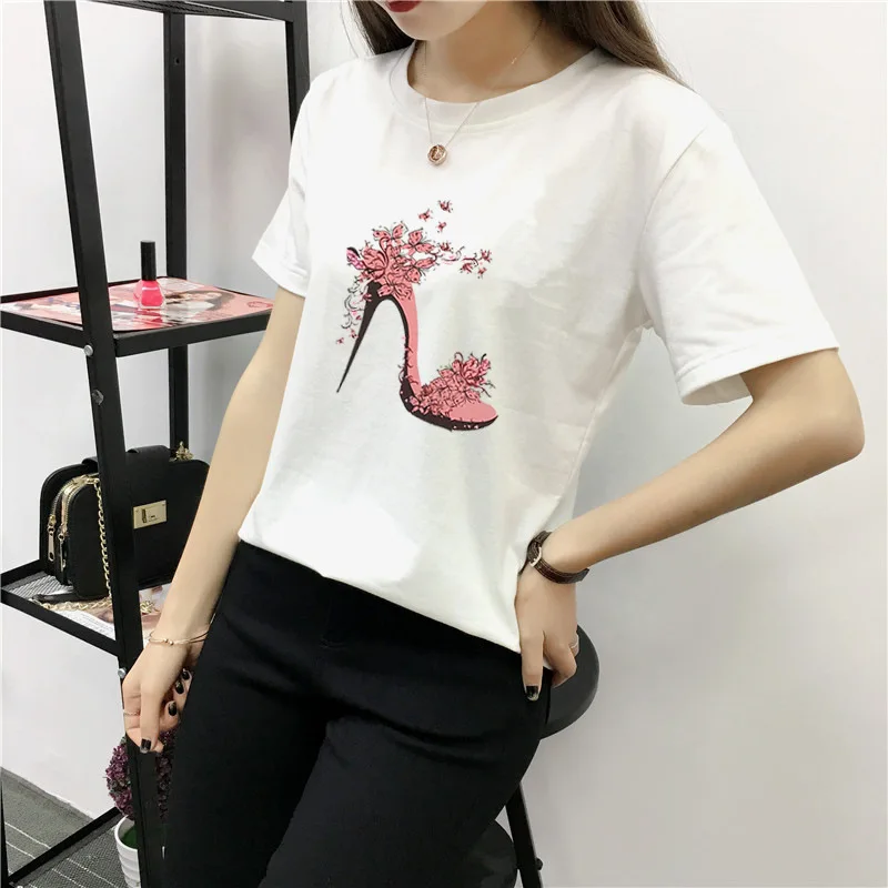 Flower High heeled shoes Cartoon watermelon Banana print Summer Women Tee Shirts Punk Round Neck Tops Girl Casual T-shirts | Женская