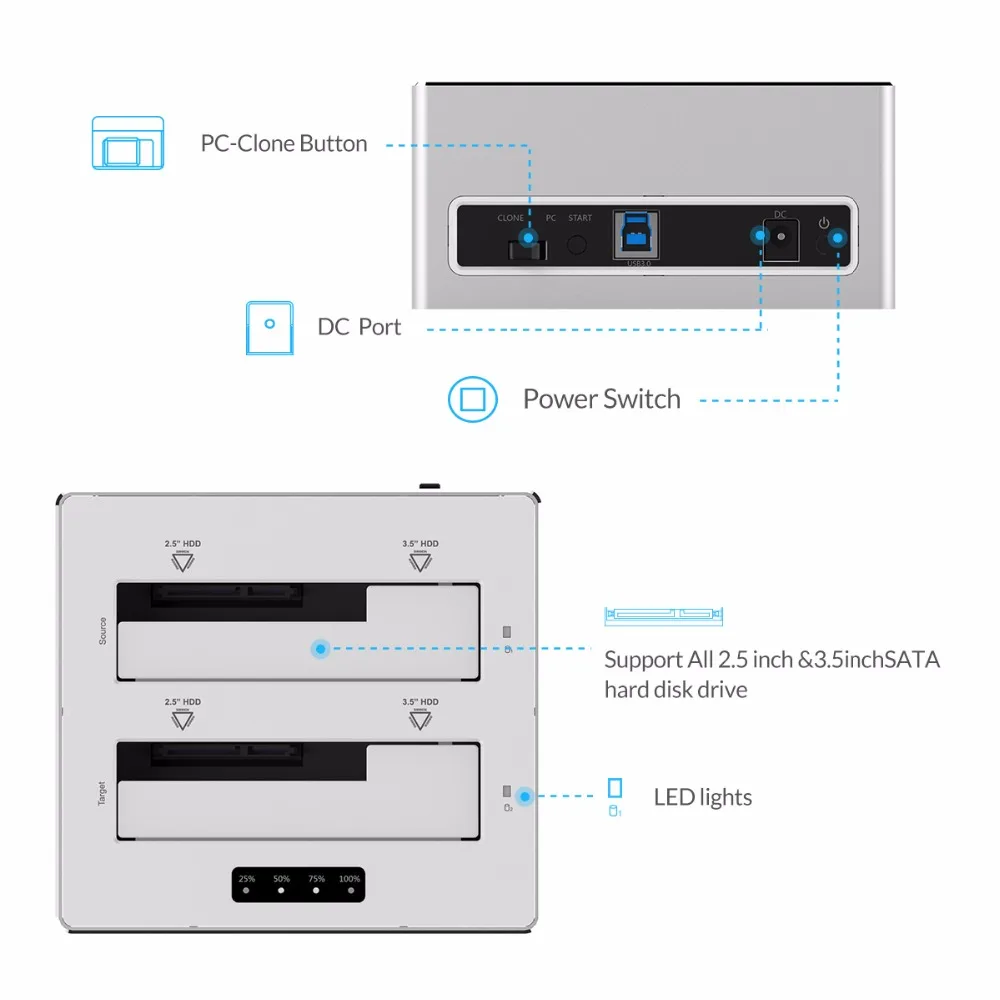 Чехол ORICO 2 Bay SATA 3 0 к USB HDD с функцией клона алюминиевая док станция для жесткого