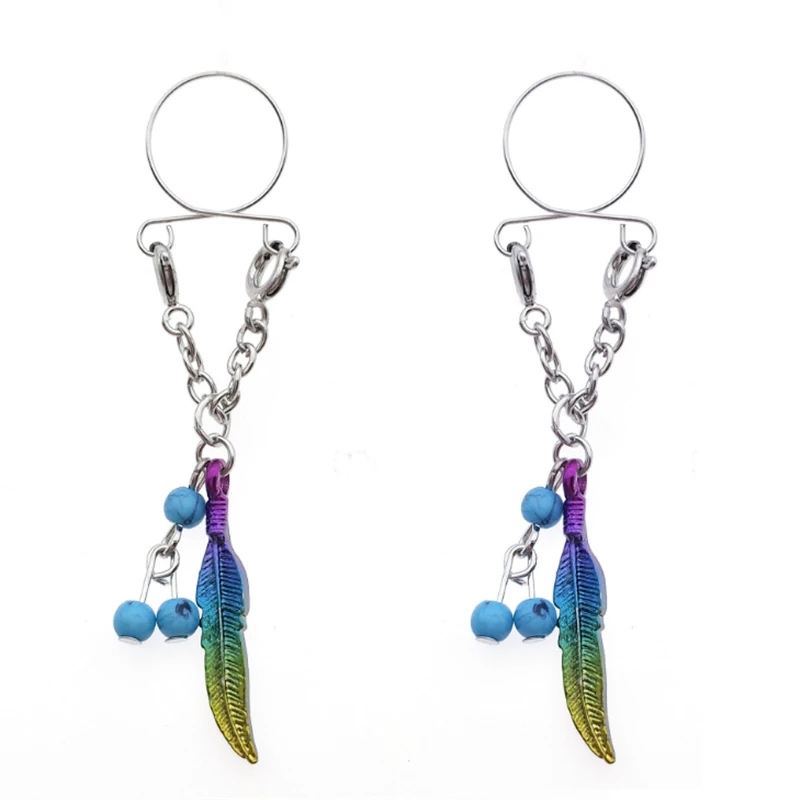 2pcs fashion blue beads dangle nipple rings stainless steel non piercing fake ring adjustable women sexy body jewelry | Украшения и