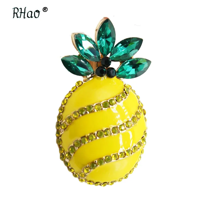 RHao эмаль желтый ананас Брошь контакты Зеленый Кристалл Листья ананаса фруктовые