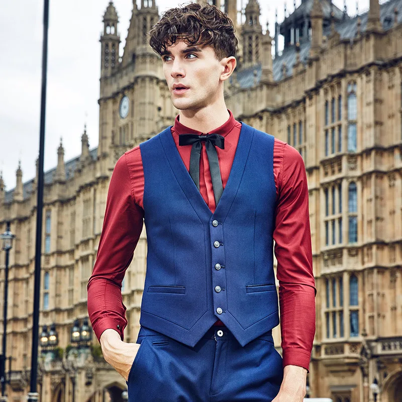 

Brand Men Clothing Spring Autumn solid men suit vest waistcoat mens formal vest wedding gliet blue V-Neck slim fit England vest