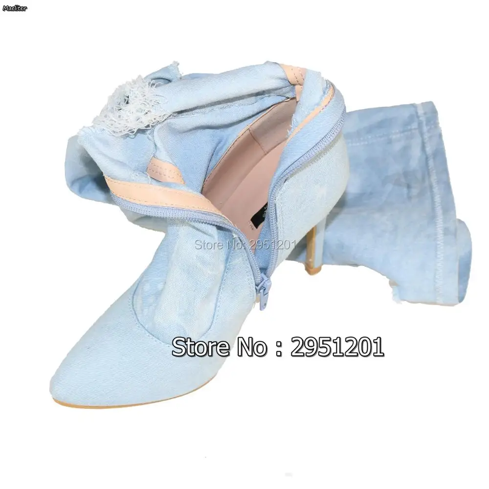 Осенне зимние ботинки выше колена с острым носком|thigh high boots|boots sexyblue denim boots |