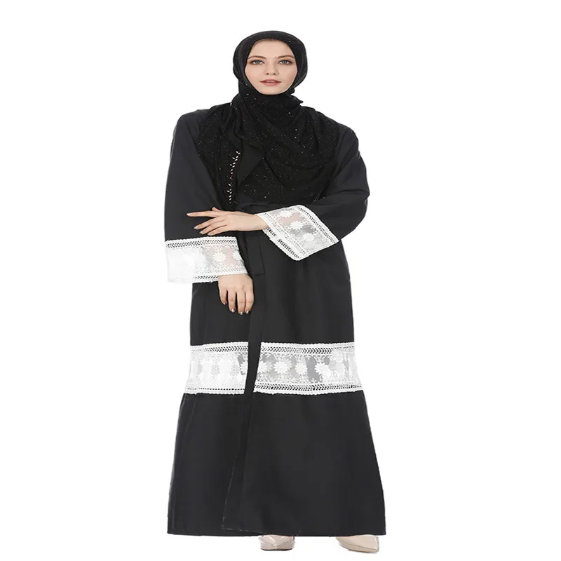 Новый черный Абаи длинные мусульманские платья Кружева Patchworking открытым халат