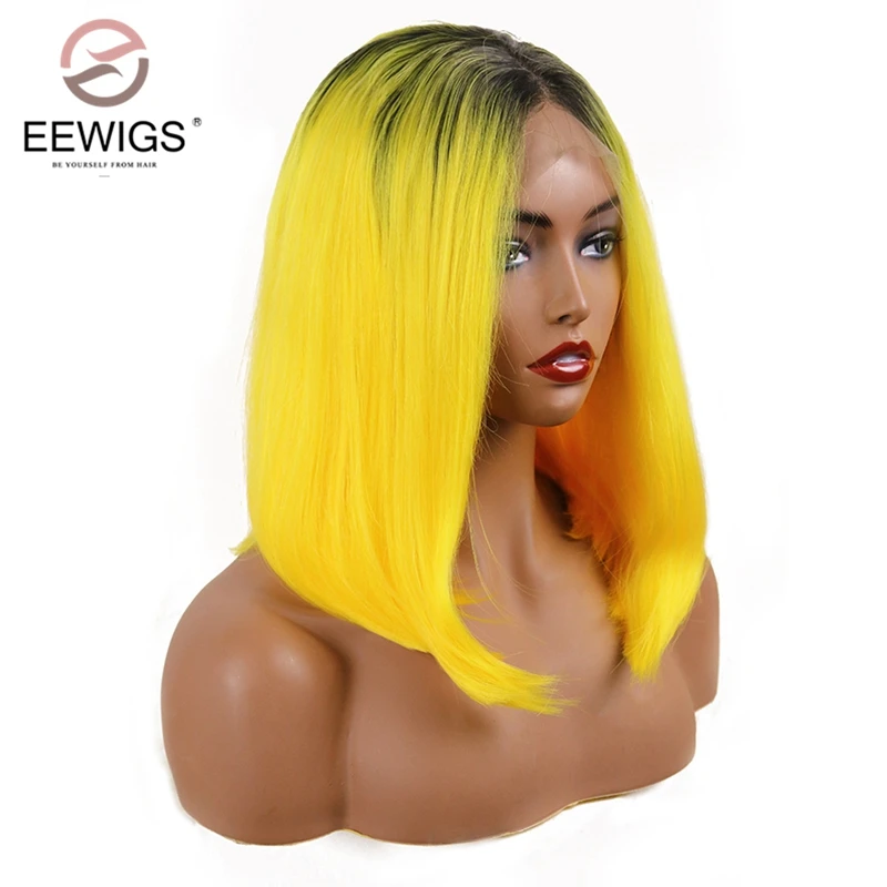 EEWIGS Омбре желтый короткий парик-Боб с черными корнями термостойкие лимонные цвета бесклеевые синтетические парики на кружеве для черных женщин